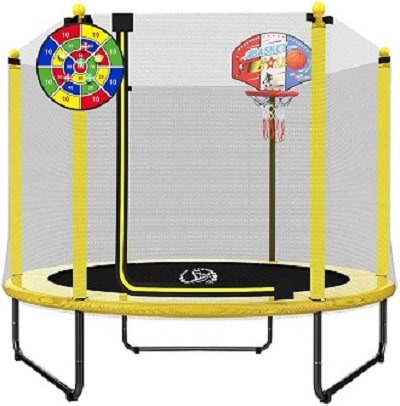 LANGXUN 5 Ft Trampoline With Net, Basketball Hoop, & Dart Board
